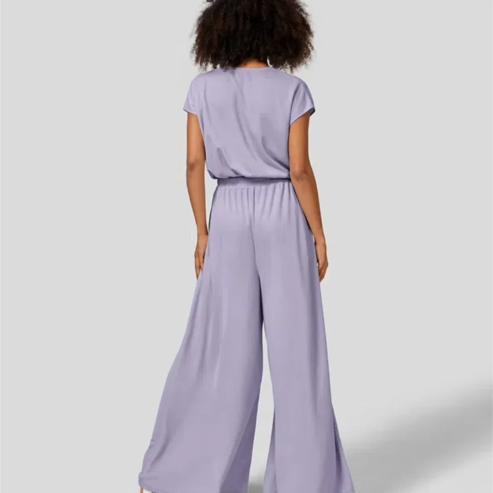 Halara V Neck Short Sleeve Plicated Side Pocket Wide Leg Jumpsuit - Picture 3 of 5